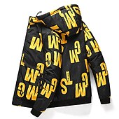 baratos Blusões e Parkas para Homem-Homens Casaco puffer Casaco com capuz Acolchoado Zíper Bolsos Imprimir Esportes Padrão Exterior Casual / Diário Inverno Letra Preto Amarelo Vermelho cáqui Casaco puffer