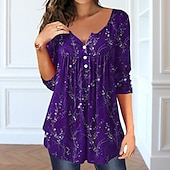 abordables T-shirt floral-Femme T shirt Hauts habillés Floral Tuniques basique manche longue Col Rond Hauts réguliers Vacances Fin de semaine Boutons Imprimer Tunique fluide Jaune Rose Claire Bleu Violet Vert Automne hiver