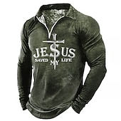 cheap Men&#039;s Vintage Polo-Men&#039;s Jesus Christian Zip Polo Shirts Golf Shirt Long Sleeve Polo Shirts Collared Shirts Vintage Casual Vacation Wear Festival Wear Party Outfits 3D Print Quarter Zip Polo Black Blue Green