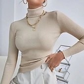 voordelige Effen kleuren-Dames Trui Basic Casual Effen Kleur Geribd Coltrui Gebreid Dun Lange mouw breien Dagelijks Zwart Wit Herfst Winter