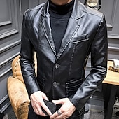 halpa Miesten Klassiset Bleiserit-Miesten Nahkatakit Bleiseri Toimisto &amp; ura Arki-asut Lämmin Tasku Painike alas 봄 &amp; Syksy Yksivärinen / yksivärinen Tyylikäs Lämmittely Sänkyjen avaus Tekonahka Viini Musta khaki Tumman sininen Jackets