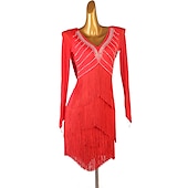 economico Abbigliamento balli latino-americani-Abito da ballo latino con frange e nappe divise con cristalli/strass, allenamento prestazionale da donna, manica lunga, rete in chinlon
