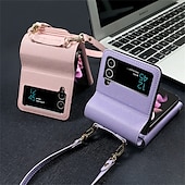 お買い得  サムスン用ケース-電話 ケース 用途 サムスンのギャラクシー Zフリップ6 Z Flip 5 Z Flip 4 Z Flip 3 ウォレットカードケース バンパーフレーム 全身保護 リストストラップ付き ソリッド PUレザー