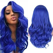 economico Parrucche trendy sintetiche-capelli lunghi blu ondulati parrucche per le donne parrucca corlorful misto blu verde grigio viola colore dei capelli parte centrale parrucche sintetiche in fibra resistente al calore capelli per la