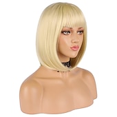 voordelige Synthetische trendy pruiken-korte bob haar pruiken 12 recht met platte pony synthetische kleurrijke cosplay dagelijkse feestpruik voor vrouwen natuurlijk als echt haar