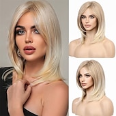 abordables Pelucas sintéticas de moda-pelucas rubias ceniza para mujeres bob longitud del hombro en capas sintéticas raíces oscuras peluca de pelo con flequillo despedida lateral pelucas de fiesta de navidad pelucas barbiecore
