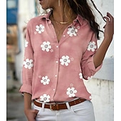 baratos Tops Florais-Camisa Feminina Floral Impressão Floral Básica Manga Longa Gola da Camisa Diária Botões Rosa Azul Verde Cinza Primavera Outono Primavera Outono Inverno Verão