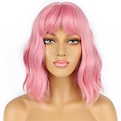 levne Syntetické trendy paruky-krátké bobové paruky s ofinou pro ženy volná vlnitá paruka kudrnatá vlnitá délka po ramena bob syntetická cosplay paruka pro dívky barevné kostýmní paruky
