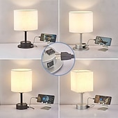 baratos candeeiro de mesa e chão-candeeiro de cabeceira com porta usb - candeeiro de mesa de controlo tátil para quarto candeeiro de cabeceira de madeira com abajur redondo de tecido de linho para sala de estar, dormitório, escritório em casa (lâmpada de led incluída)