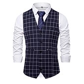 cheap Men&#039;s Waistcoat-Men&#039;s Vest Waistcoat Wedding Office &amp; Career Daily Wear Going out Business Retro Fall &amp; Winter Button Pocket Polyester Outdoor Comfortable Casual Plaid Single Breasted V Wire Regular Fit Light Blue