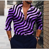 economico Geometrica-Per uomo A righe Motivo Geometrico Camicia Camicia con Bottoni Manica Lunga Festa Designer Casual Vacanza Quotidiano Ferie Colletto Colletto a Camicia Nero Giallo Rosso Viola