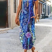 abordables Robes Floraux Imprimés-robe trapèze pour femme robe longue maxi bleue à manches courtes avec poches imprimées été col rond décontractée 2023 s m l xl xxl 3xl