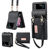 お買い得  サムスン用ケース-電話 ケース 用途 サムスンのギャラクシー Zフリップ6 Z Flip 5 Z Flip 4 Z Flip 3 ウォレットカードケース バンパーフレーム 全身保護 リストストラップ付き ソリッド PUレザー