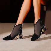 abordables Botines-Botines de malla para mujer con tacón de bloque adornado con diamantes de imitación: botines elegantes y transpirables para fiestas nocturnas y ocasiones especiales