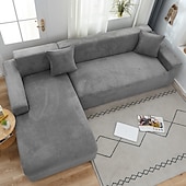 baratos Cobertura de Sofa-capa de sofá elástica espessa de pelúcia elástica sofá secional poltrona loveseat 4 ou 3 lugares em forma de l cinza macio durável lavável
