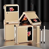 cheap Samsung Cases-Phone Case For Samsung Galaxy Z Flip 5 Z Flip 4 Z Flip 3 Back Cover Bumper Frame Pencil Holder Plating Solid Colored PC PU Leather