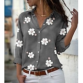 baratos Tops Florais-Camisa Feminina Floral Impressão Floral Básica Manga Longa Gola da Camisa Diária Botões Rosa Azul Verde Cinza Primavera Outono Primavera Outono Inverno Verão