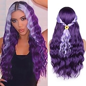 economico Parrucche trendy sintetiche-capelli lunghi blu ondulati parrucche per le donne parrucca corlorful misto blu verde grigio viola colore dei capelli parte centrale parrucche sintetiche in fibra resistente al calore capelli per la