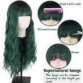 abordables Perruques Synthétiques Sans Bonnet-longue perruque vert foncé avec une frange ombre perruque verte bouclée pour les femmeslongue perruque cosplay vert foncé synthétique naturel à la recherche de perruques quotidiennes et de fête de