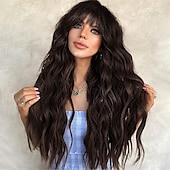 baratos Perucas Sintéticas sem Touca-peruca branca ombre perucas longas onduladas com franja para mulheres peruca loira platina longa perucas de cabelo sintético resistente ao calor de aparência natural para peruca de festa diária 26