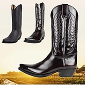 levne Cowboy &amp; Western Boots-pánské klasické hnědé westernové kovbojské boty z umělé kůže - reliéfní vzor, špičatá špička a střední podpatek pro rodeo, ranč a běžné nošení