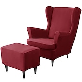 billiga Fåtöljskydd och armlöst stoltäckning-vingstolsöverdrag set vinrött stretch wingback stol överdrag och ottomansk överdrag, sammet wing rygg stolsöverdrag maskintvättbar fåtölj stolsöverdrag för strandmon stol