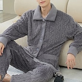 billiga Pyjamas-Herr Pyjamas Vardagsklädsel Uppsättningar Ren färg Grundläggande Mode Komfort Hem &quot;Korallfleece, korallsammet&quot; Varm Kavajslag Långärmad Byxa Knapp Ficka Vinter Höst Sjöblå Vin / Plysh