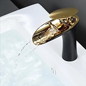 voordelige Klassiek-waterval badkamer wastafel mengkraan, mono wastafel enkele handgreep wastafelkranen met warme en koude slang monobloc vat water messing kraan badrandcombinaties