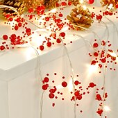 お買い得  電池式-クリスマスレッドベリーガーランドライト ledフェアリーストリングライト 5m-50leds 3m-30leds クリスマスデコレーション リモートコントロール バッテリー駆動 8モード 屋外防水ホリデーライト 誕生日パーティーの装飾
