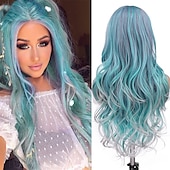 economico Parrucche trendy sintetiche-capelli lunghi blu ondulati parrucche per le donne parrucca corlorful misto blu verde grigio viola colore dei capelli parte centrale parrucche sintetiche in fibra resistente al calore capelli per la