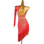 billige Klær til latindans-dansesalsa latinsk dansekjole frynset dusk delt ledd krystaller / rhinestones prestasjonstrening for kvinner langermet chinlon mesh