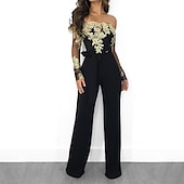 preiswerte Blusenanzüge für Damen-Damen Jumpsuit mit Spitze, bestickt, Blumenmuster, schulterfrei, elegant, Weihnachten, Hochzeit, Party, normale Passform, langärmlig, schwarz, weinrot, blau, S, M, L, Herbst