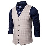 cheap Men&#039;s Waistcoat-Men&#039;s Vest Waistcoat Wedding Office &amp; Career Daily Wear Going out Business Retro Fall &amp; Winter Button Pocket Polyester Outdoor Comfortable Casual Plaid Single Breasted V Wire Regular Fit Light Blue