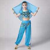 お買い得  キッズ用ダンスウェア-ベリーダンス 上着 スプライシング スパンコール 女の子 性能 訓練 半袖 ポリエステル スパンコール