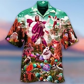 preiswerte Bedruckte Herrenhemden-Herren Mensch Jesus Hemd Hawaiihemd Sommerhemd Knopfhemd Modisch Designer Brautkleider schlicht Outdoor Strasse Casual Sommer Umlegekragen 3D Button-Down Blau Grün Regenbogen Dunkelgray