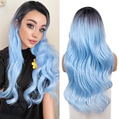 economico Parrucche trendy sintetiche-ombre bluastro parrucca verde ondulata lunga parte centrale parrucca teal blue wig resistente al calore capelli sintetici sirena parrucche per le donne festa di natale parrucche