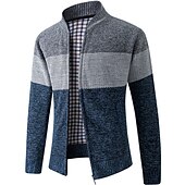 cheap Men&#039;s Cardigan Sweater-Men&#039;s Cardigan Sweater Fleece Sweater Ribbed Knit Knitted Color Block Standing Collar Warm Ups Modern Contemporary Daily Wear Going out Clothing Apparel Fall &amp; Winter Red &amp; White Blue M L XL