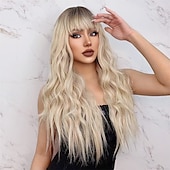 baratos Perucas Sintéticas sem Touca-peruca branca ombre perucas longas onduladas com franja para mulheres peruca loira platina longa perucas de cabelo sintético resistente ao calor de aparência natural para peruca de festa diária 26