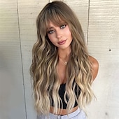 baratos Perucas Sintéticas sem Touca-peruca branca ombre perucas longas onduladas com franja para mulheres peruca loira platina longa perucas de cabelo sintético resistente ao calor de aparência natural para peruca de festa diária 26