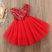preiswerte Partykleider-Kinder Kleinkind Mädchen Kleid Einfarbig Ärmellos Leistung Party Ferien Pailletten Basic Schön Süß Acryl Sommer Rosa Rote