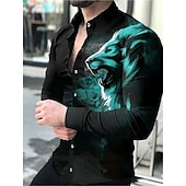 billiga Djurmönster-Herr Djur Lejon Skjorta Knapp upp skjorta Långärmad Mode Designer Ledigt Dagligen Helgdag Utekväll Vår &amp; sommar Nedvikt 3D-utskrift Button-Down Gul Rubinrött Blå Grön