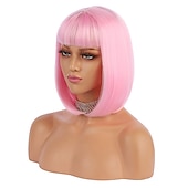 voordelige Synthetische trendy pruiken-korte bob haar pruiken 12 recht met platte pony synthetische kleurrijke cosplay dagelijkse feestpruik voor vrouwen natuurlijk als echt haar