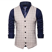 cheap Men&#039;s Waistcoat-Men&#039;s Vest Waistcoat Wedding Office &amp; Career Daily Wear Going out Business Retro Fall &amp; Winter Button Pocket Polyester Outdoor Comfortable Casual Plaid Single Breasted V Wire Regular Fit Light Blue