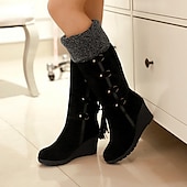 abordables Botas de nieve e invierno-Mujer Botas Botas de nieve Botas tipo suéter Zapatos de gamuza Exterior Diario Bloque de color Botas hasta la rodilla Invierno Borla Con Cordón Tacón Cuña Dedo redondo Casual Zapatos de Paseo Ante