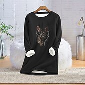 voordelige Fleece-gevoerde Sweatshirts-Dames Sweatshirt Stoppen Sherpa-fleece Teddy Zwart blauw Rood Kat Dagelijks gebruik Ronde hals Lange mouw Fleece S M L XL 2XL 3XL / Voering van fleece