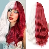 economico Parrucche trendy sintetiche-capelli lunghi blu ondulati parrucche per le donne parrucca corlorful misto blu verde grigio viola colore dei capelli parte centrale parrucche sintetiche in fibra resistente al calore capelli per la