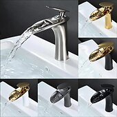 voordelige Klassiek-waterval badkamer wastafel mengkraan, mono wastafel enkele handgreep wastafelkranen met warme en koude slang monobloc vat water messing kraan badrandcombinaties