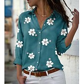 baratos Tops Florais-Camisa Feminina Floral Impressão Floral Básica Manga Longa Gola da Camisa Diária Botões Rosa Azul Verde Cinza Primavera Outono Primavera Outono Inverno Verão