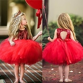 preiswerte Partykleider-Kinder Kleinkind Mädchen Kleid Einfarbig Ärmellos Leistung Party Ferien Pailletten Basic Schön Süß Acryl Sommer Rosa Rote