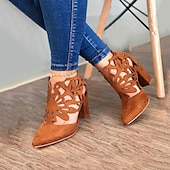 cheap Ankle Boots-Women&#039;s Black Cutout Block Heel Pumps – Stylish Pointed Toe Shoes with Floral Design for Parties or Evening Wear